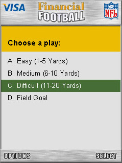 Screenshot of the Financial Football game showing the selection of a difficult play. Screenshot of the Financial Football game showing the selection of a difficult play.