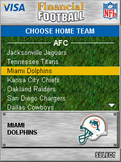 Screenshot of the Financial Football game showing the selection of the home team. Screenshot of the Financial Football game showing the selection of the home team.