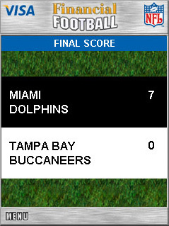 Screenshot of the Financial Football game showing the final score of a game. Screenshot of the Financial Football game showing the final score of a game.